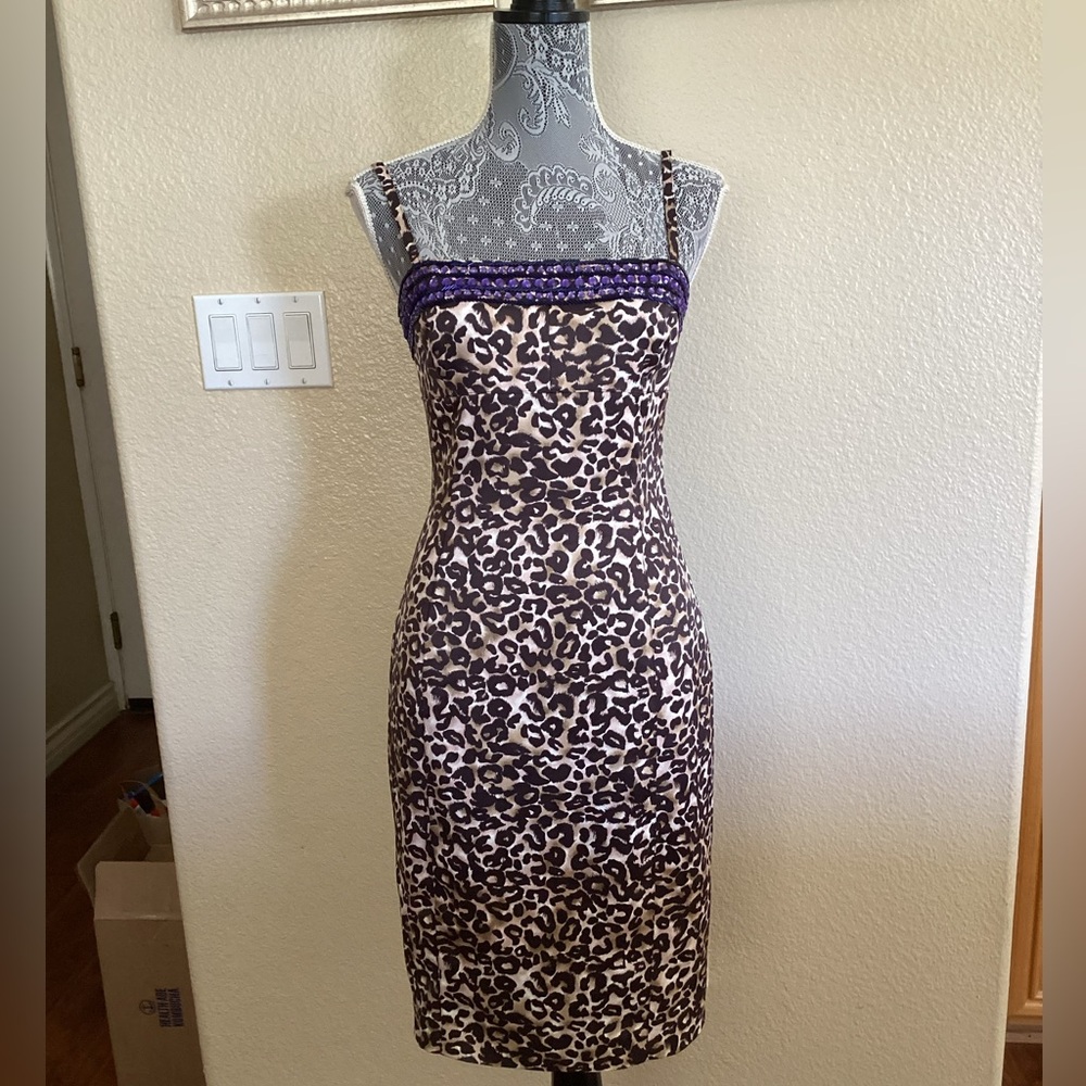 Karen Millen Sexy Leopard Print Pencil Dress Purple Jewels (FLAW)